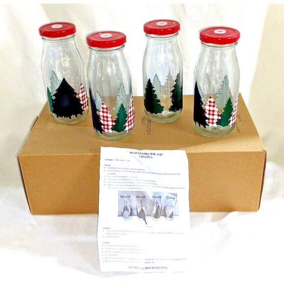 Avon Set of 4 Holiday Milk Bottles 8oz – Christmas Glass Jars with Lids NIB - Picture 1 of 5